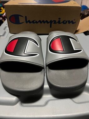 Champion Grey Slides with Black & Red Logo Accent sz 14